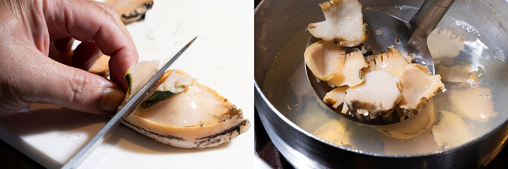 アワビを昆布だしで火入れ