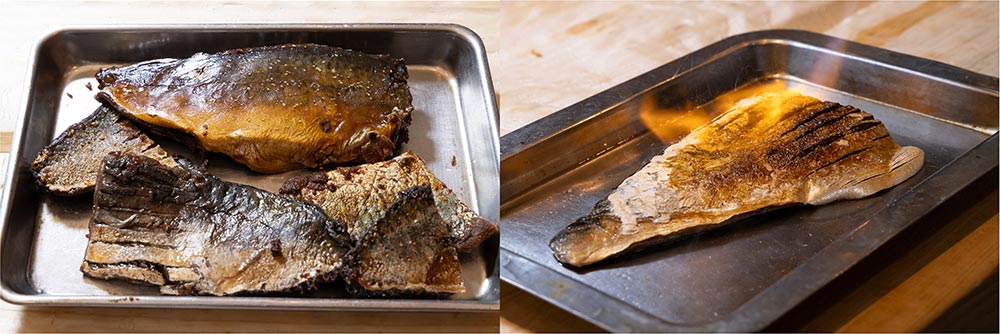 鯖へしこをバーナーで炙る