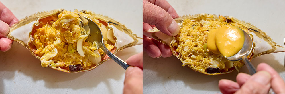 ワタリガニの卵とじを甲羅に詰め、卵黄マヨネーズを塗る